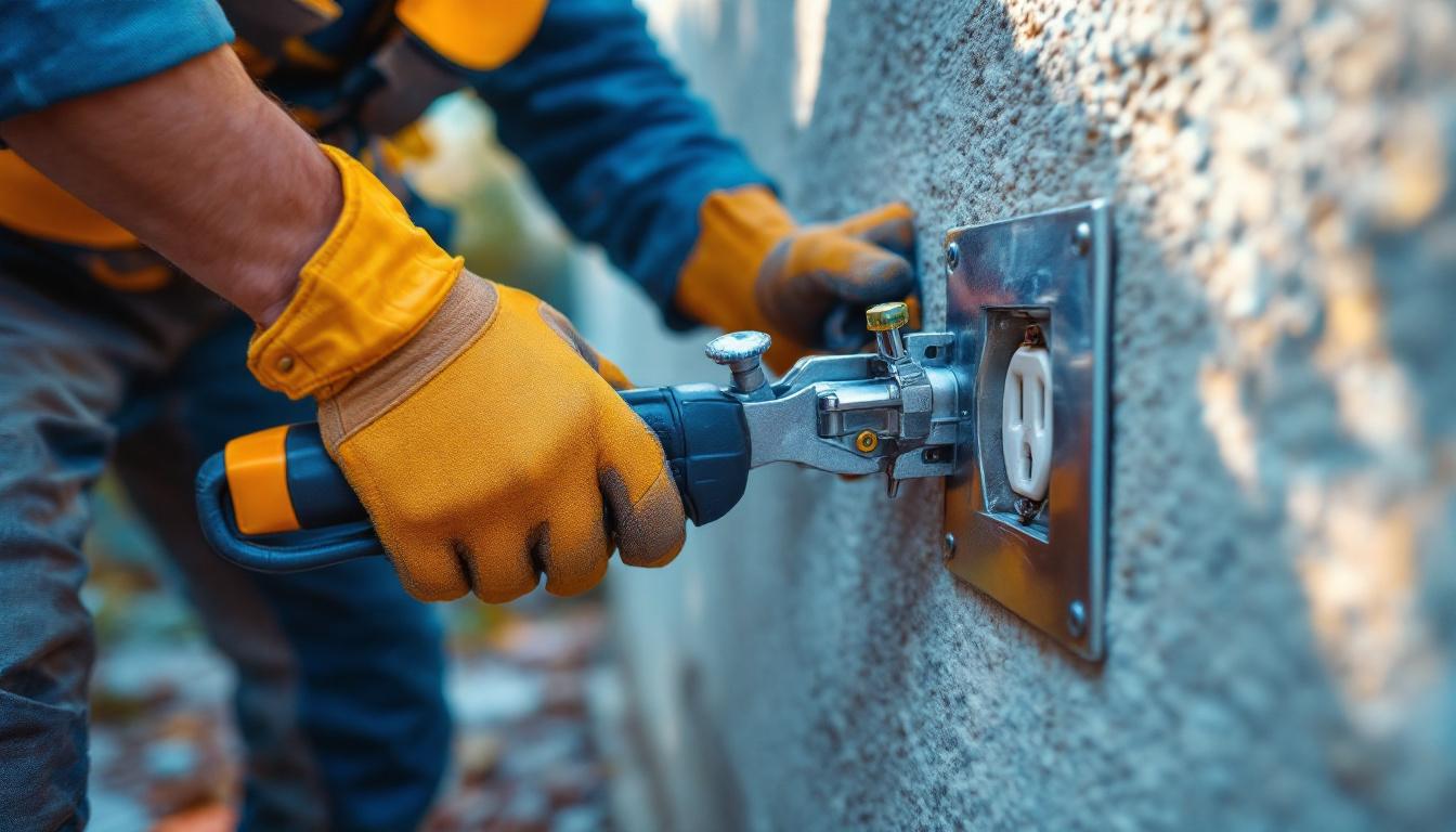 A photograph of a skilled lighting contractor installing a metal outlet cover outdoors