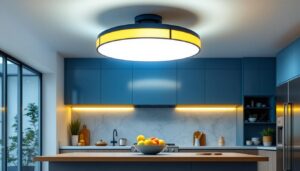 A photograph of a beautifully designed large flush mount ceiling light installed in a modern kitchen