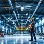 A photograph of a well-lit outdoor industrial space featuring large ceiling fans in action