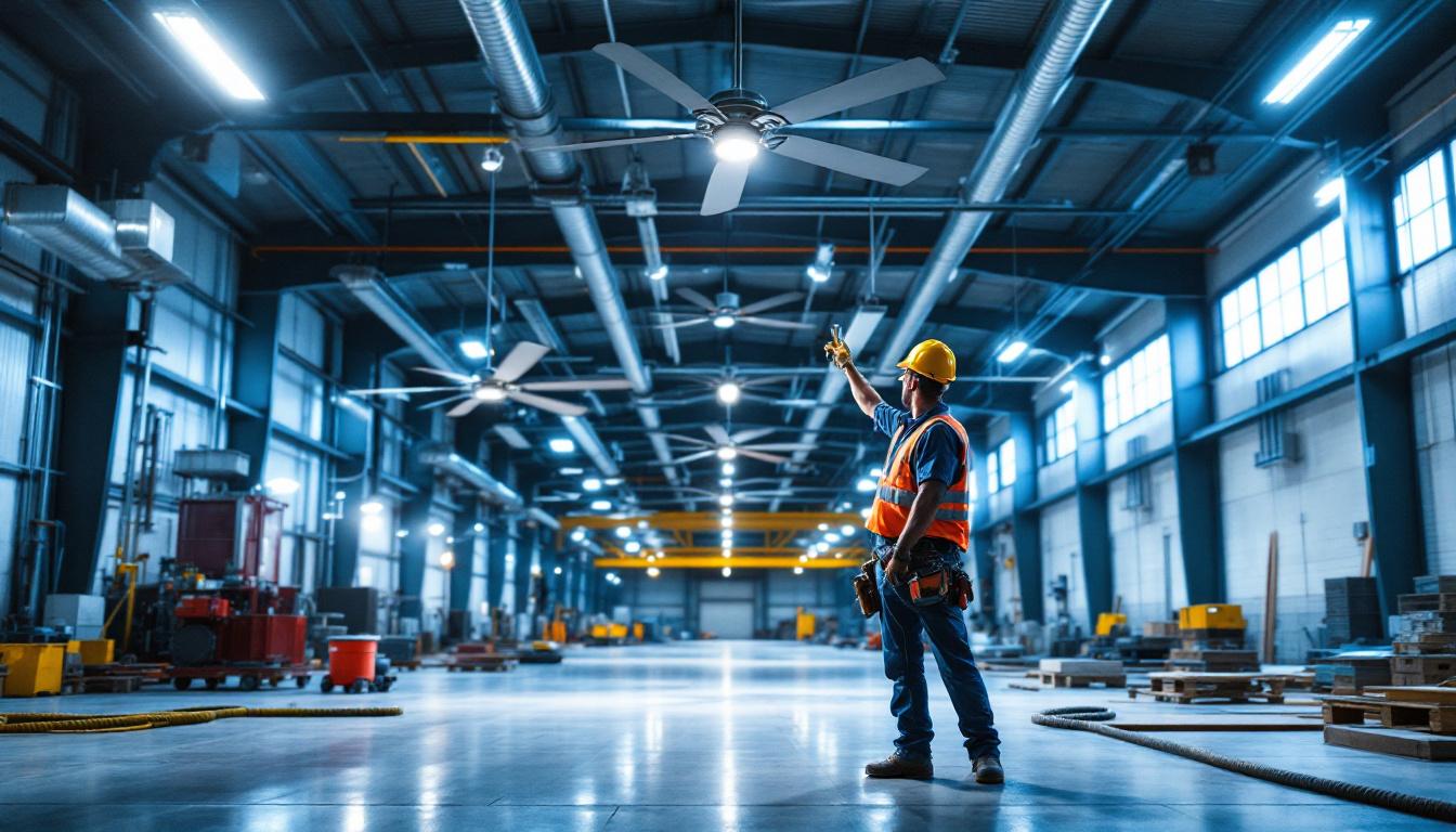 A photograph of a well-lit outdoor industrial space featuring large ceiling fans in action