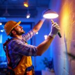 A photograph of a lighting contractor installing or showcasing vibrant led lighting in a modern space