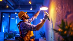 A photograph of a lighting contractor installing or showcasing vibrant led lighting in a modern space