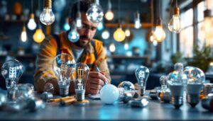 A photograph of a diverse array of light bulbs