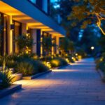 A photograph of a well-lit outdoor space showcasing modern flood lights in action