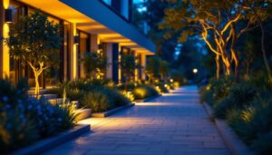 A photograph of a well-lit outdoor space showcasing modern flood lights in action
