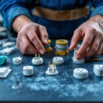 A photograph of a lighting contractor examining a variety of electrical receptacles laid out on a workbench