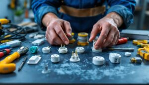 A photograph of a lighting contractor examining a variety of electrical receptacles laid out on a workbench