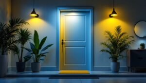 A photograph of a well-lit indoor space showcasing a stylish lighting installation with a focus on the backdoor lighting feature