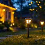 A photograph of a well-lit outdoor scene showcasing solar lights with an on and off switch