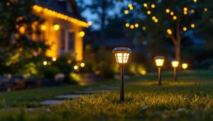 A photograph of a well-lit outdoor scene showcasing solar lights with an on and off switch