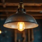 A photograph of a beautifully designed galvanized barn light illuminating a rustic interior space