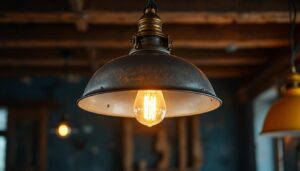 A photograph of a beautifully designed galvanized barn light illuminating a rustic interior space