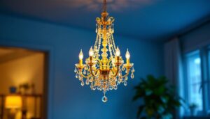 A photograph of a beautifully designed discount chandelier hanging in a well-lit