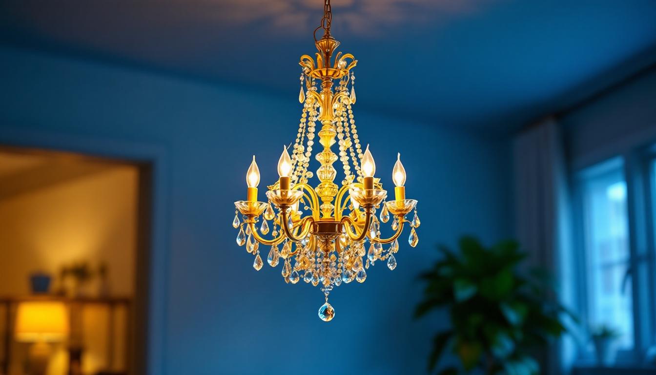 A photograph of a beautifully designed discount chandelier hanging in a well-lit