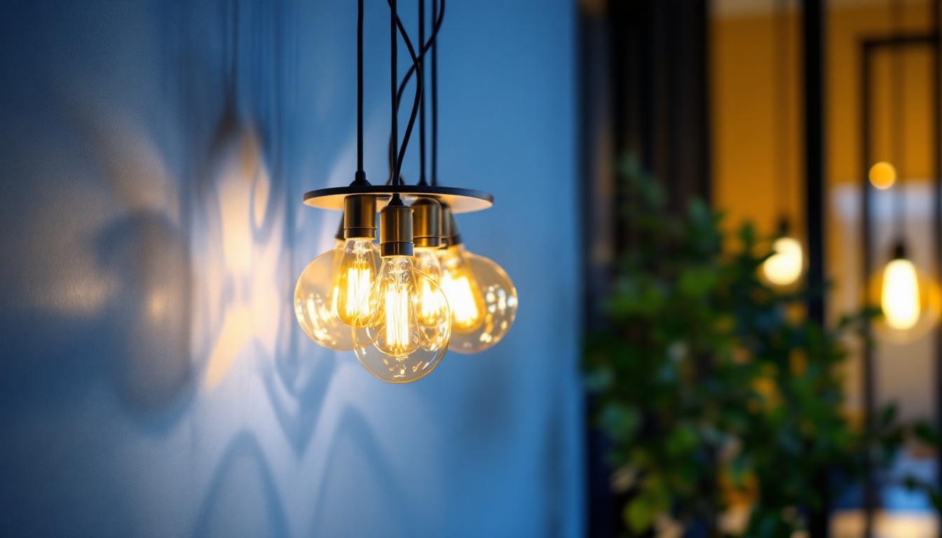 A photograph of a stylish 6 bulb light fixture installed in a modern interior setting