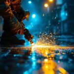 A photograph of a lighting contractor at work