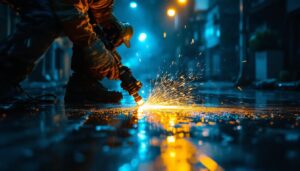 A photograph of a lighting contractor at work
