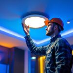 A photograph of a lighting contractor installing or inspecting a sleek