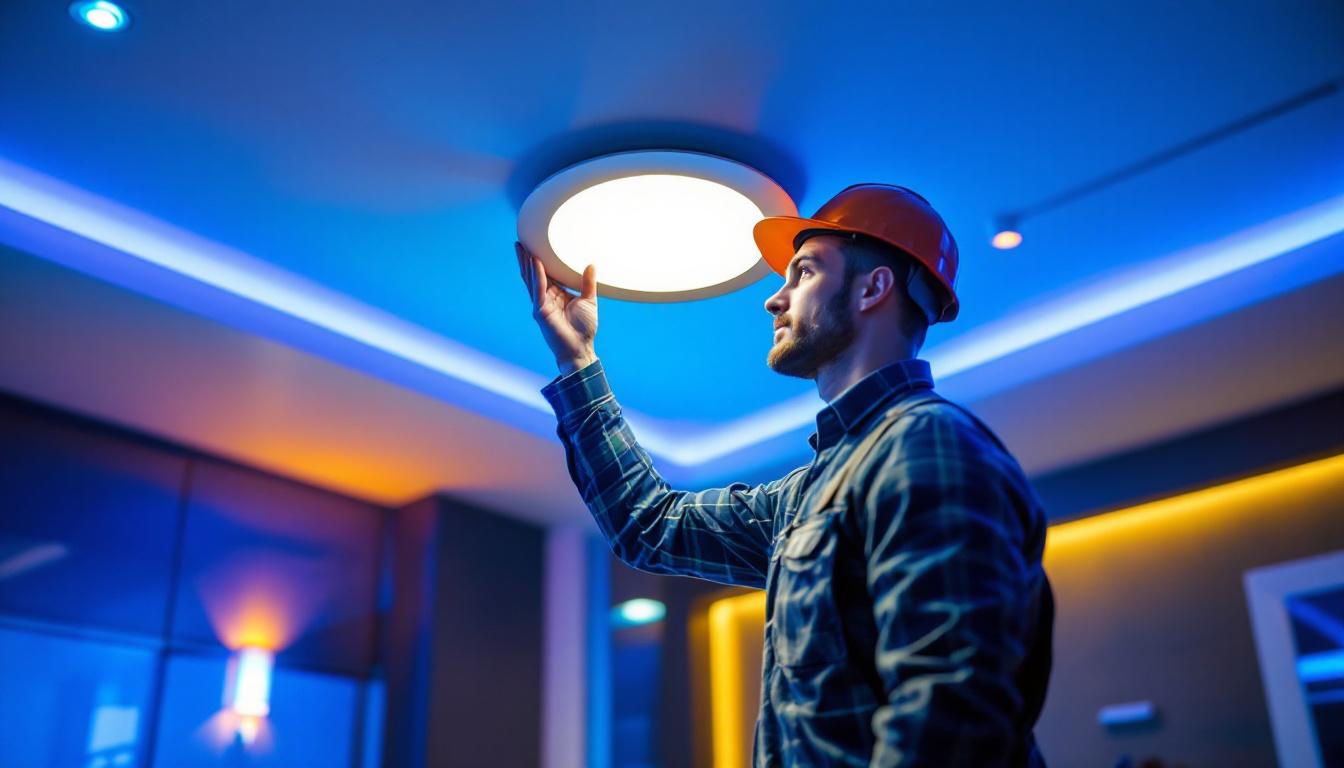 A photograph of a lighting contractor installing or inspecting a sleek