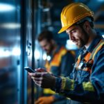 A photograph of a lighting contractor installing or demonstrating battery backup lighting systems in a well-lit workspace