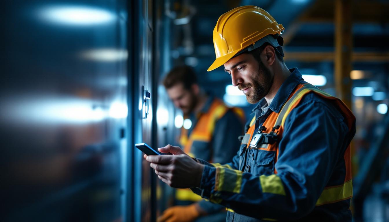 A photograph of a lighting contractor installing or demonstrating battery backup lighting systems in a well-lit workspace