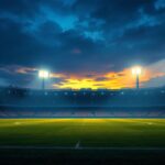 A photograph of a stadium at dusk