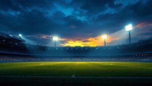 A photograph of a stadium at dusk