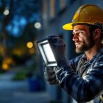 A photograph of a lighting contractor installing or adjusting a flood light cover in a well-lit outdoor setting