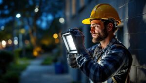 A photograph of a lighting contractor installing or adjusting a flood light cover in a well-lit outdoor setting