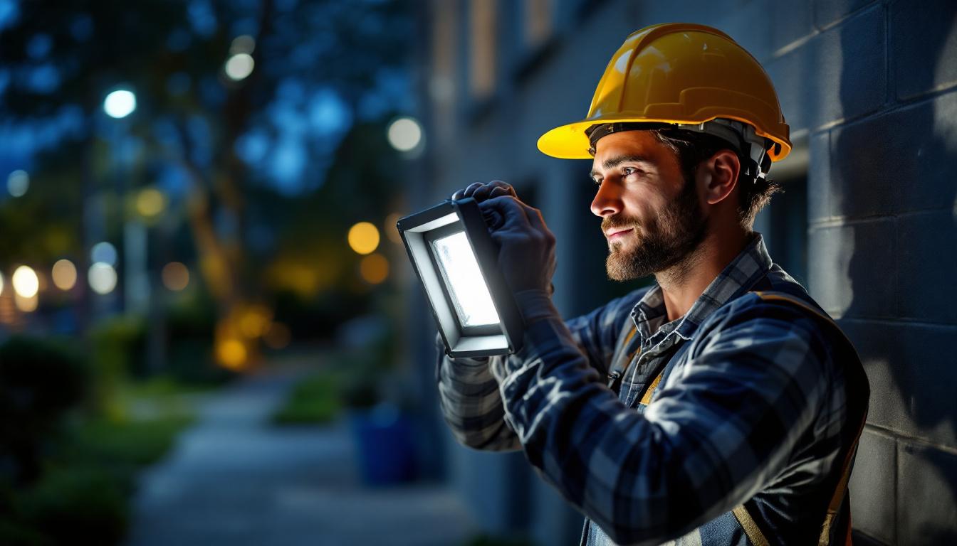 A photograph of a lighting contractor installing or adjusting a flood light cover in a well-lit outdoor setting