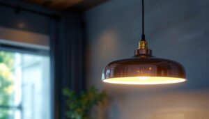 A photograph of a beautifully designed round light pendant hanging in a stylish interior setting
