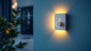 A photograph of a modern wall light switch with a timer feature installed in an aesthetically pleasing interior setting