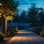 A photograph of a well-lit outdoor area at dusk