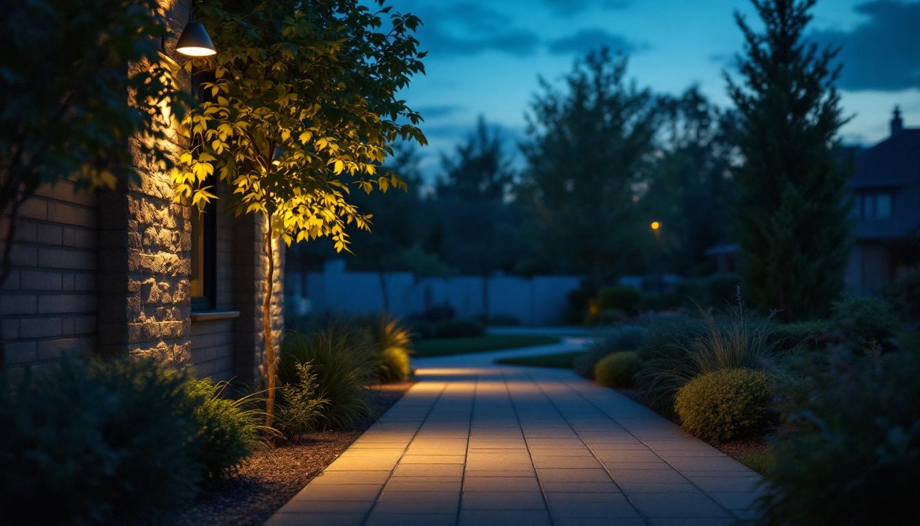 A photograph of a well-lit outdoor area at dusk