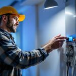 A photograph of a lighting contractor installing or inspecting an inverter backup system