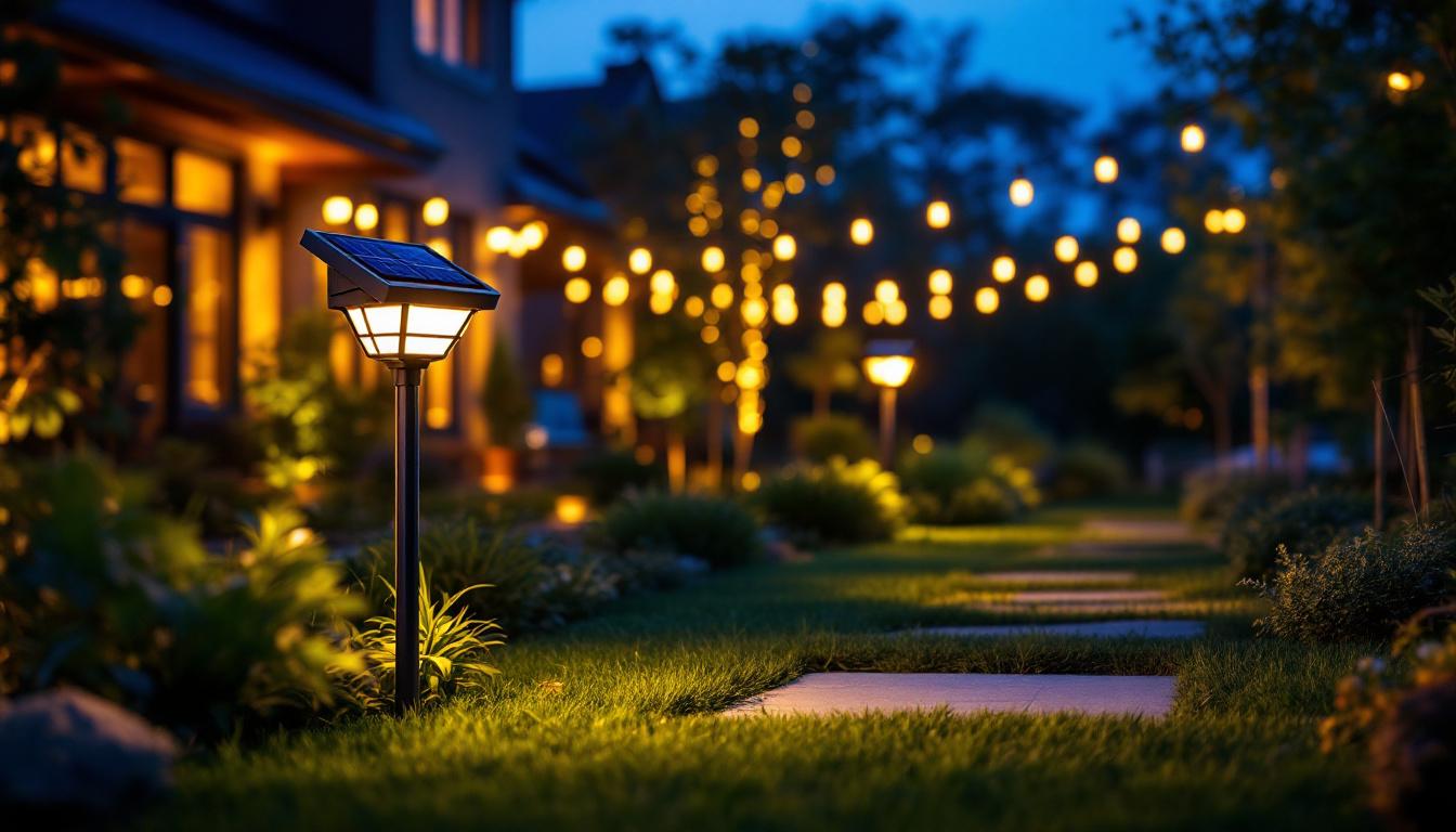 A photograph of a beautifully illuminated outdoor space featuring solar waterproof lights in action