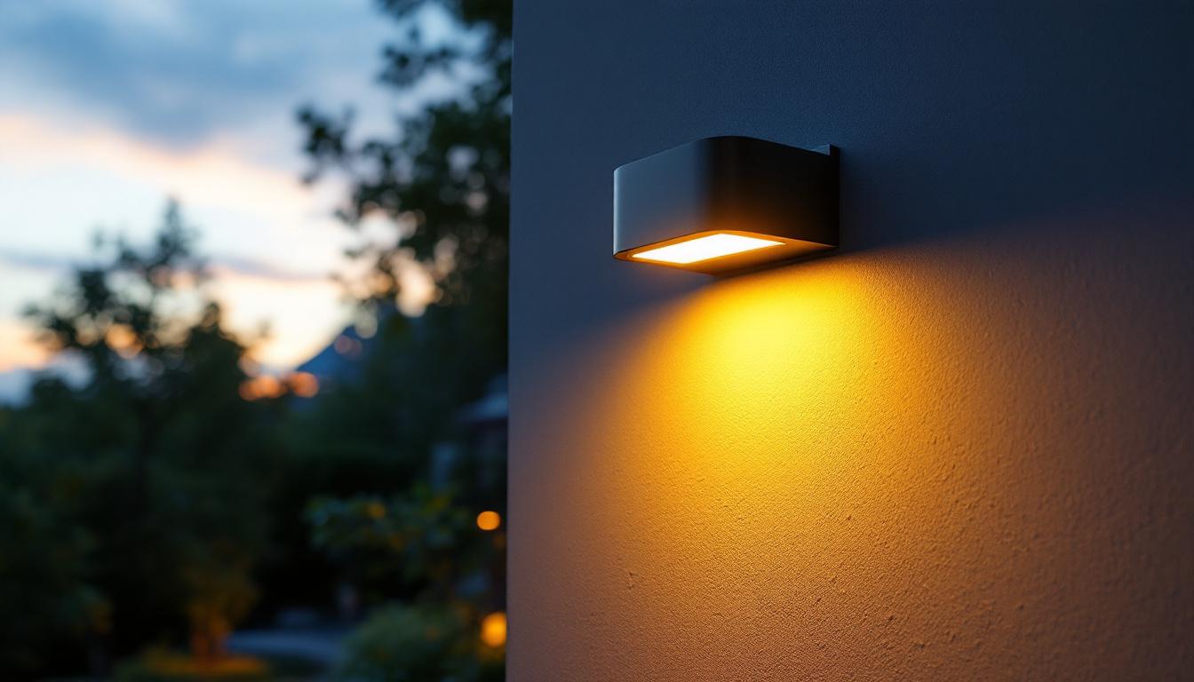 A photograph of a solar led wall lamp installed in an outdoor setting