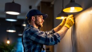 A photograph of a skilled electrician or technician expertly installing modern lighting fixtures in a stylish interior space