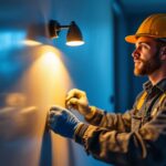 A photograph of a skilled lighting contractor working on a modern smart lighting installation in a stylish residential space