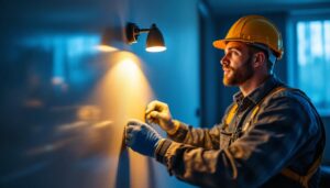 A photograph of a skilled lighting contractor working on a modern smart lighting installation in a stylish residential space