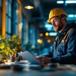 A photograph of a lighting contractor inspecting a well-lit commercial space