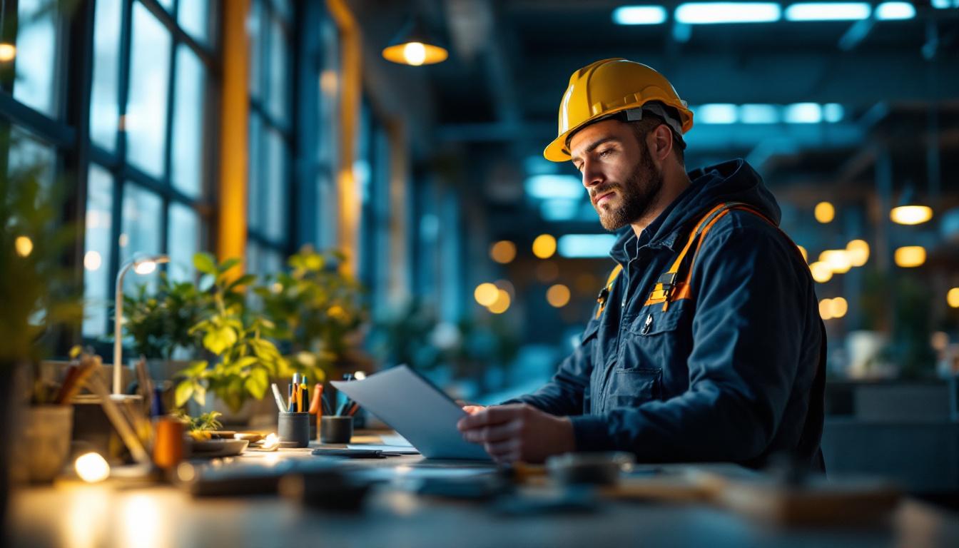 A photograph of a lighting contractor inspecting a well-lit commercial space