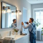 A photograph of a beautifully designed large vanity light fixture installed in a stylish bathroom setting