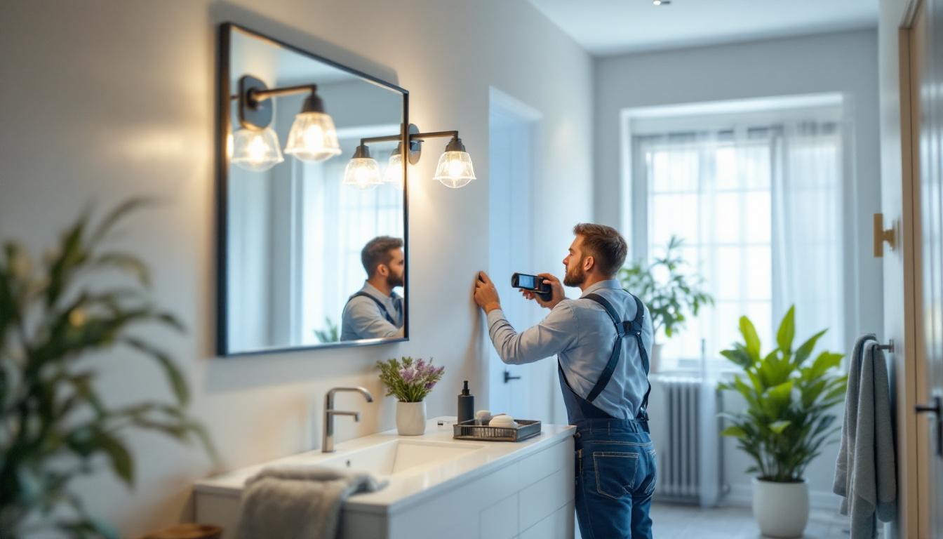 A photograph of a beautifully designed large vanity light fixture installed in a stylish bathroom setting