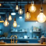 A photograph of a modern shop environment featuring various types of light fixtures and ballasts