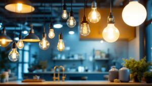 A photograph of a modern shop environment featuring various types of light fixtures and ballasts