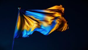 A photograph of a beautifully illuminated flag at night