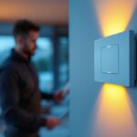 A photograph of a lighting contractor expertly installing a modern dimmer switch in a stylish home setting