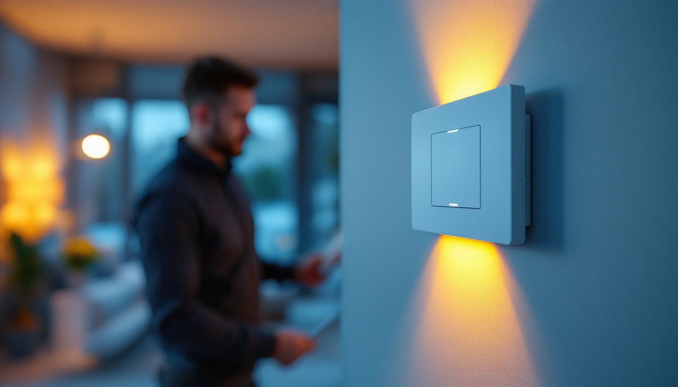 A photograph of a lighting contractor expertly installing a modern dimmer switch in a stylish home setting