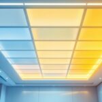 A photograph of a modern light panel ceiling installation in a sleek